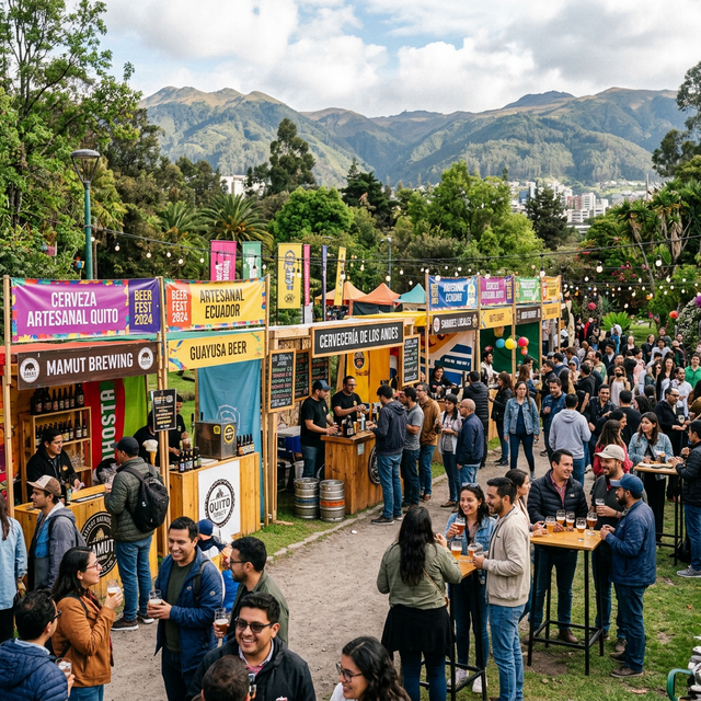 Feria de cervezas artesanales en Quito con puestos de botellas y personas degustando
