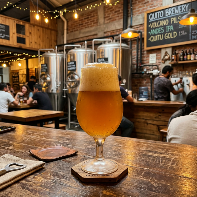 Cerveza artesanal en vaso con espuma dorada junto a tanques de fermentación en cervecería de Quito