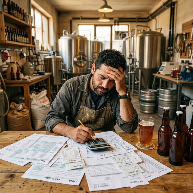 Cervecero artesanal revisando papeles de impuestos junto a botellas de cerveza